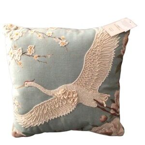 Embroidered Crane Decorative Pillow in Sage Blue - Brand